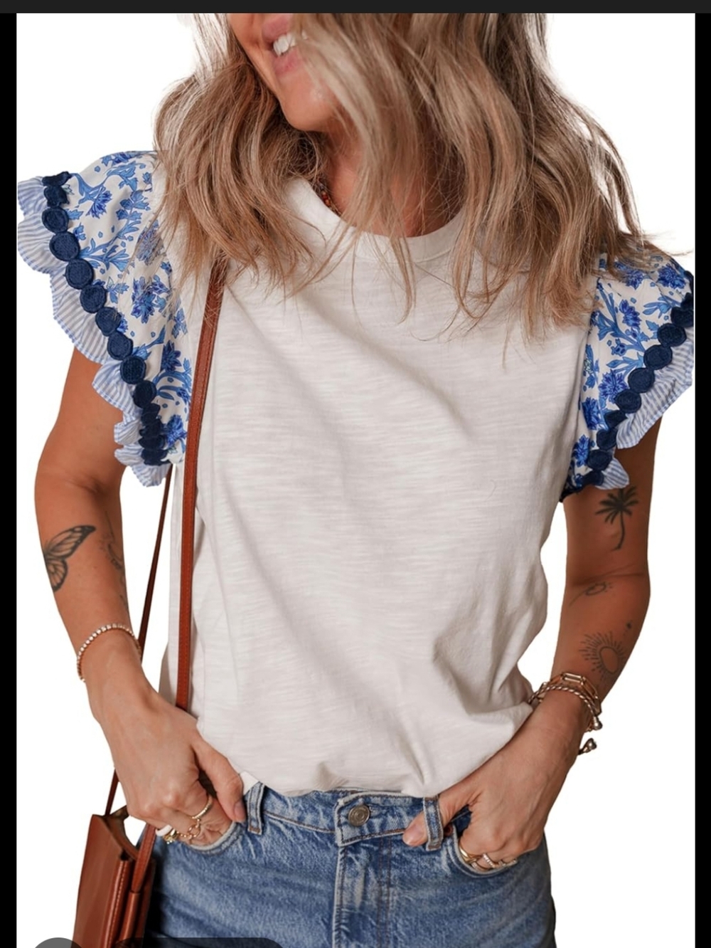 Link White Women’s Ruffle Sleeve Tee with Blue Floral Trim